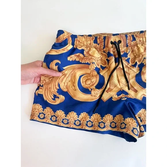Authentic Versace Gold Baroque Heritage Print Swim Trunks Royal Blue Men's Sz M - Picture 4 of 11